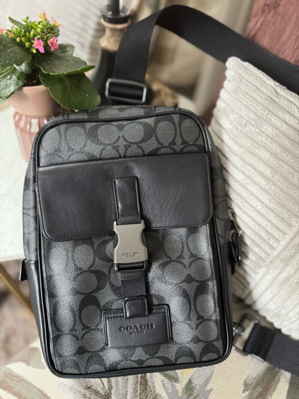 Coach Men's Gray & Black Signature Crossbody Belt Bag